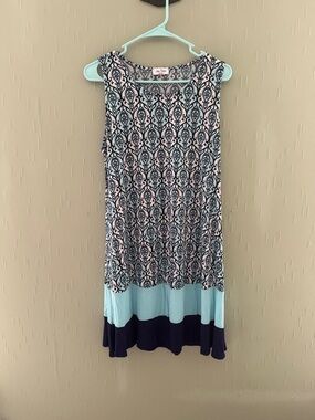 Sleeveless Midi Dress in Light Blue and Navy - Patterned Panel
